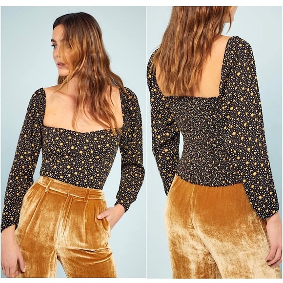 REFORMATION Daisy Dot Print Crepe Square Neck Smocked Back Long Sleeve Top 0 - Picture 2 of 6